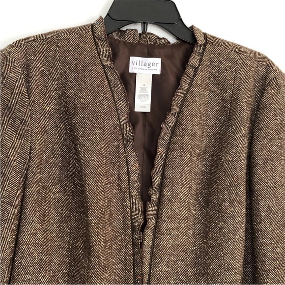 VILLAGER By LIZ CLAIBORNE Brown Blazer Jacket Women's Size 16 Open Front Ruffle - Picture 5 of 12